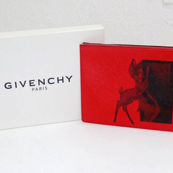 Givenchy Red Textured Coated Canvas Bambi Print Zip Antigona Clutch Bag - Picture 1 of 14